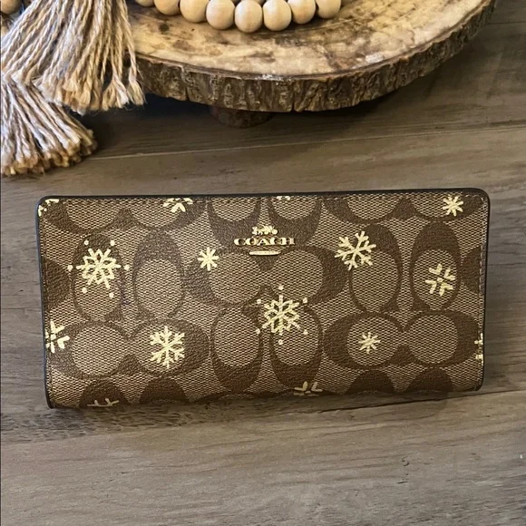 Coach Brown Signature Continental Wallet with Gold Snowflake Motif - Picture 5 of 6